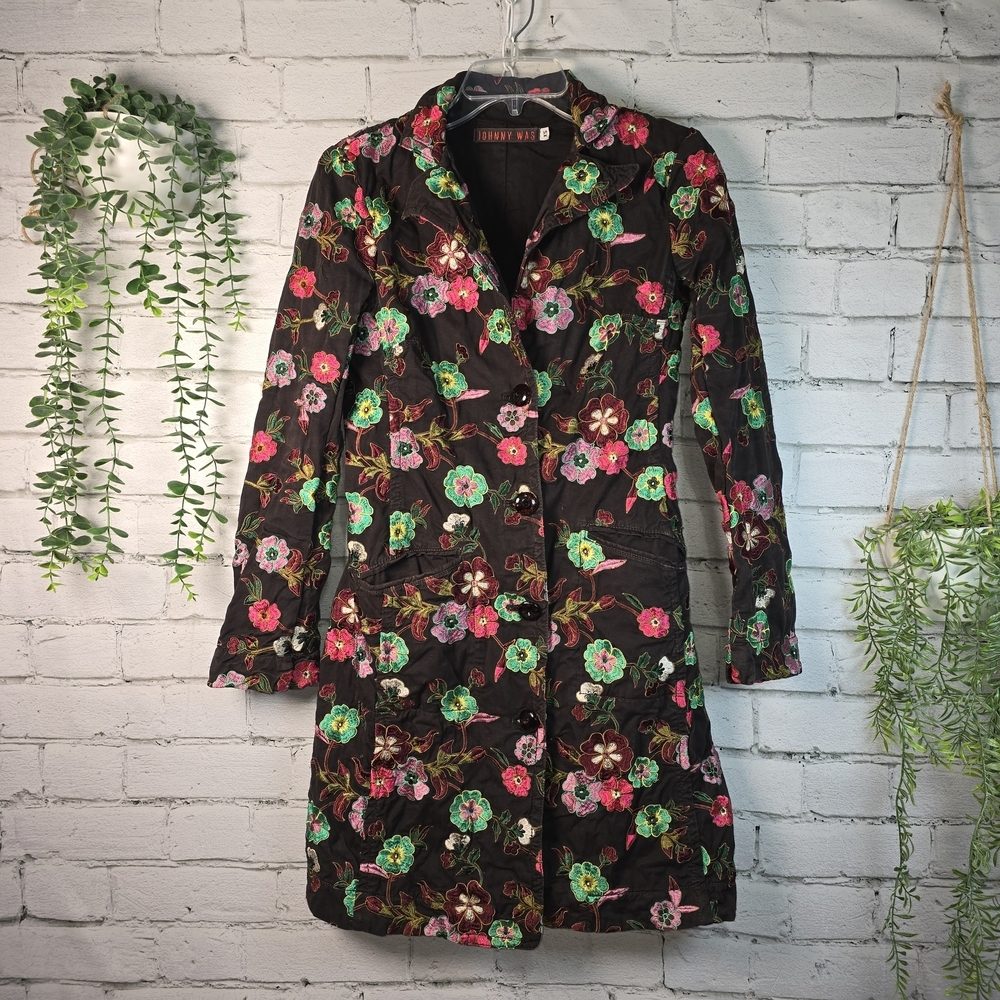 JOHNNY WAS CHOCOLATE BROWN FLORAL EMBROIDERED TRENCH COAT WOMENS XS - Picture 2 of 9